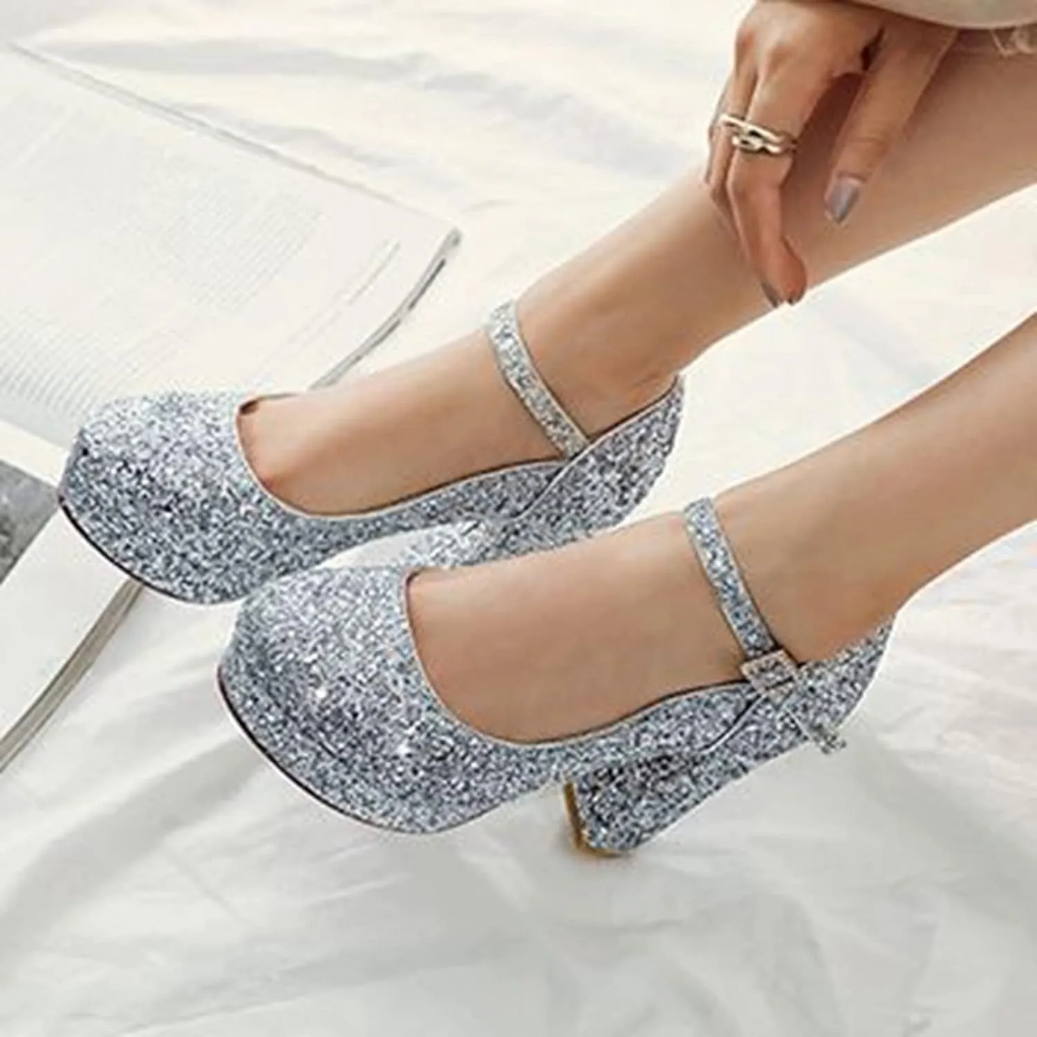 Women Platform High Heel Wedding Pumps Glitter Sequins Ankle Strap Sexy Dress Evening Party Shoes