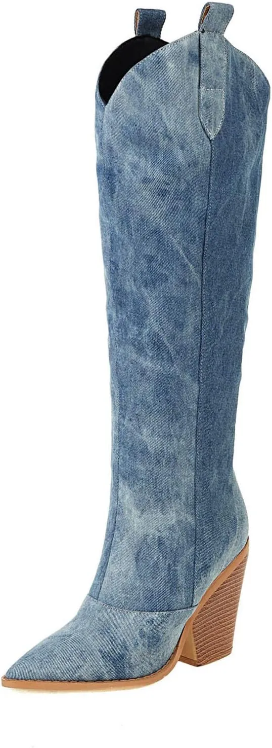 Womens Denim Knee High Boots - Fashion Casual Pointed Toe Chunky Heel Slip on High Boots Fall Solid Comfortable Ladies Square High Heel Shoes