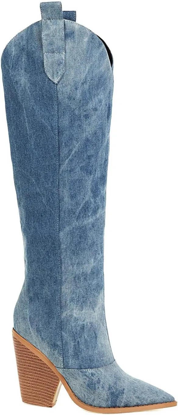 Womens Denim Knee High Boots - Fashion Casual Pointed Toe Chunky Heel Slip on High Boots Fall Solid Comfortable Ladies Square High Heel Shoes