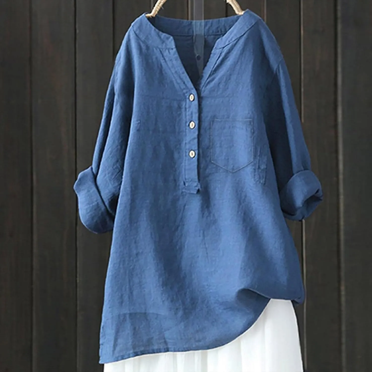 Womens Linen Shirts V-Neck Button Blouses Solid Color Henley Tee Top Short Sleeve Loose Fit T-Shirt
