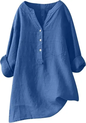 Womens Linen Shirts V-Neck Button Blouses Solid Color Henley Tee Top Short Sleeve Loose Fit T-Shirt