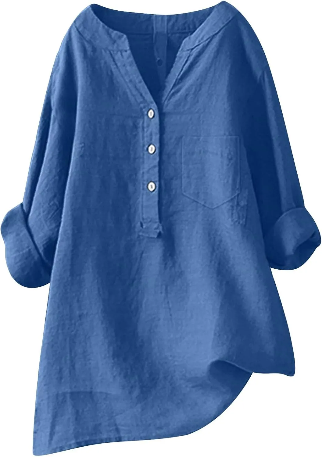 Womens Linen Shirts V-Neck Button Blouses Solid Color Henley Tee Top Short Sleeve Loose Fit T-Shirt