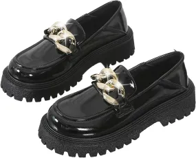 Women's Platform Patent Leather Chunky Heel Loafers Lug Sole Slip On Chain Uniform Dress Shoes Casual Business Office Work Shoes