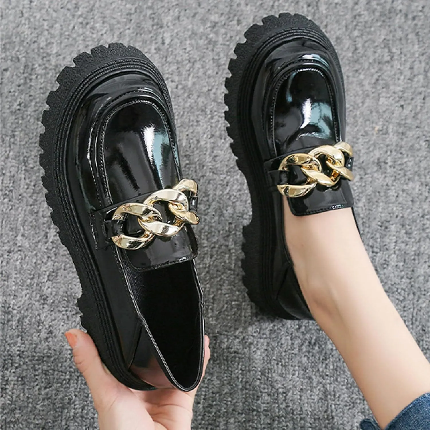 Women's Platform Patent Leather Chunky Heel Loafers Lug Sole Slip On Chain Uniform Dress Shoes Casual Business Office Work Shoes