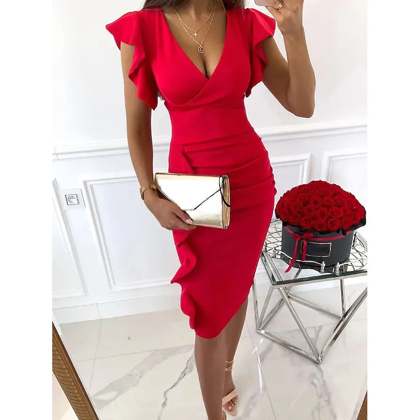 Women's Sheath V-Neck Knee Length Dress